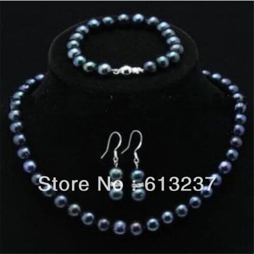Hot new Fashion Style Wedding gift diy 7-8mm black Akoya Pearl Necklace Bracelet Earring 1 Sets 18" & 7.5" MY4283