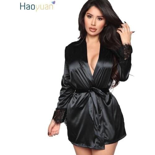 HAOYUAN Sexy Lace Satin Silk Robes for Women Sleepwear Birthday Bathrobe Night Gown Kimono Lingerie Mini Shirt Dress Sleep Tops