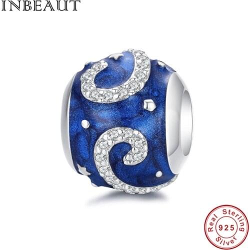 INBEAUT Original White CZ Star Sky Beads fit Brand Bracelet 925 Sterling Silver Blue Enamel Universal Night Charms Pendants