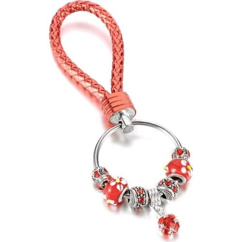 KEORMA New Trendy Chinese Style Red Crystal Charms Beads Key Chain Red Leather Chain Women Car&House Key Chain for Special Gift