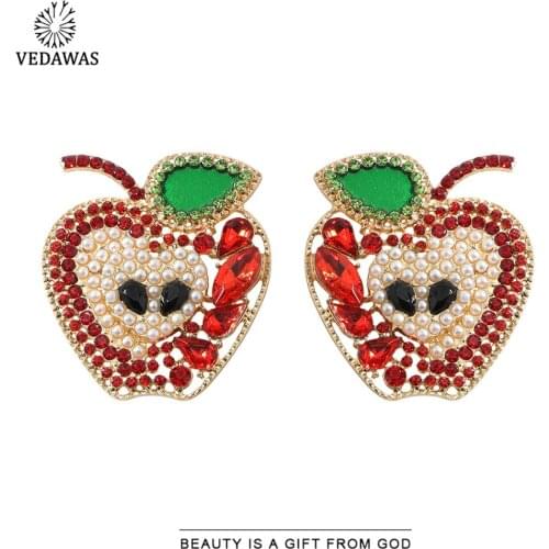 Vedawas Fashion Cute Fruit Apple Earrings for Women Boho Pearls Crystal Luxury Stud Earrings Accessories Jewelry Gift Wholesale