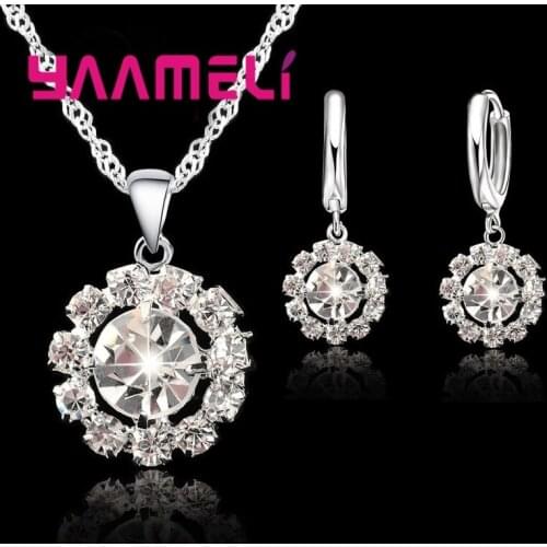 New Classic 925 Sterling Silver Sun Flower Necklace Round Water Drop Earrings Jewelry Set Wedding Romantic Accessories