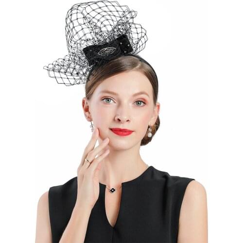 New Black Womens Hats Polyester For Wedding British Style Lady Vintage Formal Dress Woman Fedora Kentucky Derby Church Veil Hat