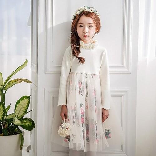 Girls Teens Floral Dress Spring Autumn Wedding Party Princess Dress Mesh Patchwork Kids Costumes Long Sleeve Children Clothing