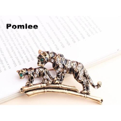 Pomlee Retro Black Enamel Tiger Brooches Rhinestone Mum Baby Tiger Animal Causual Office Brooch Pins Gifts