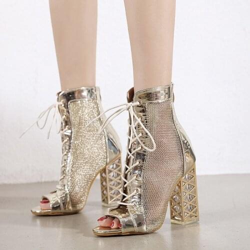 Plus Size 43 Black Boots Gold Square Heel Mesh Shoes Fashion Cross Lace Up High Heels Boots Summer New Rock Shoes Botte Noir