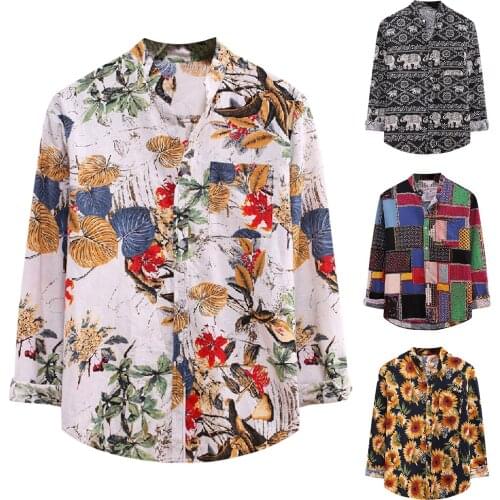 Shirts For Mens Vintage Floral Shirt Cotton And Linen Printed Turndown Collar Long-Sleeved Shirt Daily Cardigan Tops Outwear