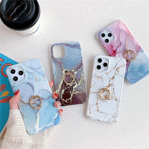 Finger Ring Marble Silicone Phone Cases For iphone 11 12 Mini Pro Max SE 2020 XR X XS Max 8 7 Plus Case Shockproof Back Cover