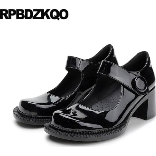 Pumps Round Toe Patent Leather Female Mary Janes Women Shoes Thick 2021 Genuine Chunky Designer Block High Heels Fashion Black