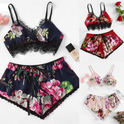 Women 2pcs Satin Lace Sleepwear Sexy Spaghetti Strap Shorts Pajama Set Ladies Sleepwear female Pajama Party Set