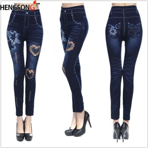 Women Jeans Leggings Fashion High Waist Leggings Female Flowers Print Ankle-Length Leggings Pants Hollow Denim Leggins