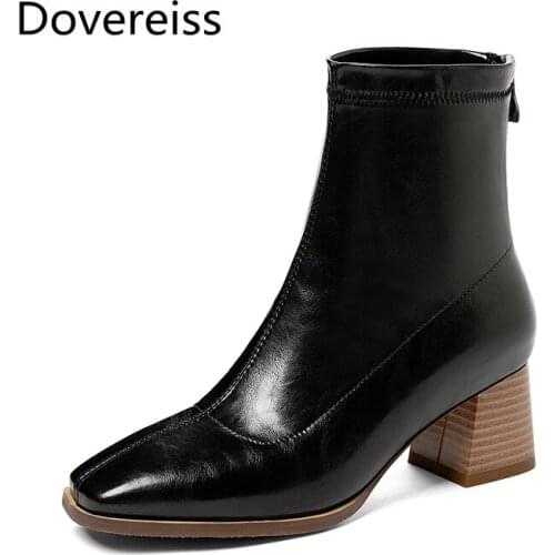 Dovereiss Fashion Womens Shoes Winter concise sexy new apricot Back zipper Short boots new sexy Square toe Chunky heels 32-43