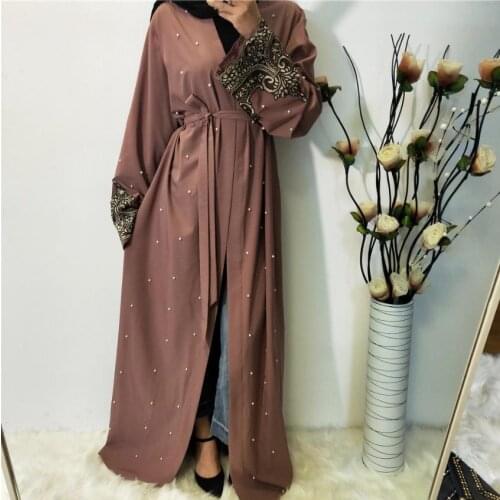Fashion longer Diamond beading muslim robes syari abaya female full length cardigan lace embroidery islamic muslim abaya wq1844