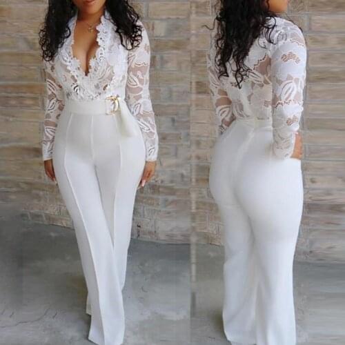 Plus Size Jumpsuits For Women 2021 Summer Clothing Sexy V-neck Long Sleeve Lace White Office Ladies Jumpsuits Straight Trousers
