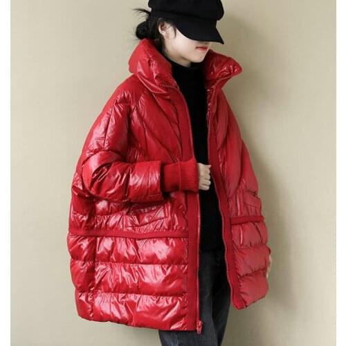Winter Down Jacket Women Shiny Bread Loose Stand Collar Female Down Parkas 90% White Duck Down Coat Oversize Waterproof