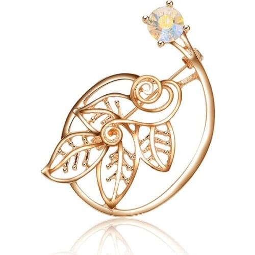 Gold Colors Clear Crystal Rhinestones Flower Leaf Hollow Brooch Pins in Antique Vintage Scarf Hat Accessory Drop Shipping 7179