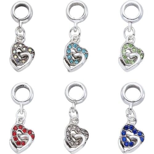 100 PCs 27x9x4.5mm Cross Heart Antique Silver Plated Alloy Rhinestone European Dangle Pendants Charms Large Hole Beads Hole: 5mm