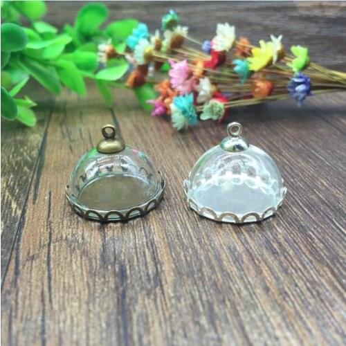 20sets/lot 20mm glass cover bronze/silver round lace tray bead cap setting charm vial pendants craft jewelry necklace making