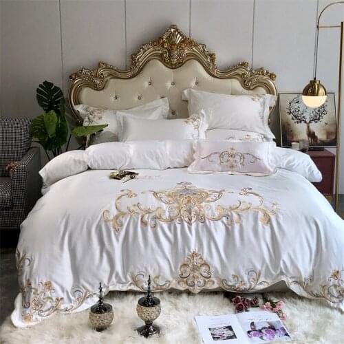 White Soft Satin Silk Cotton Gold Embroidery European Palace Bedding Set Double Duvet Cover Bed Linen Pillowcases Home Textile