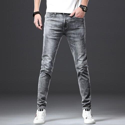 Mens Spring and Autumn Business Stretch Slim Fit Jeans 2021 New Classic Style Light Gray Straight Trousers Brand Mens Pants