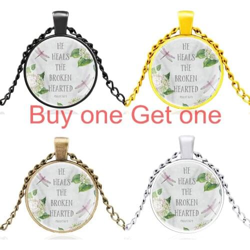 Classic Bible Verse Quote "he Heals the Broken Hearted " Glass Dome Charm Pendant Necklace Men Women Jewelry Gifts