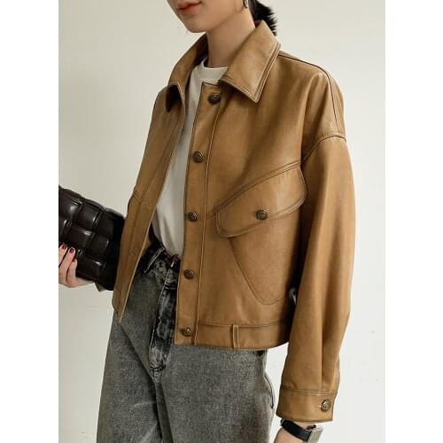 2021 Autumn New Female Short Casual Versatile Coat Casual Locomotive Imported Genuine Sheepskin Leather Jacket With Pockets