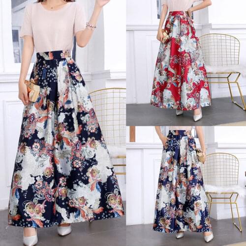 Summer Skirts Womens Fluffy skirt High Waist Pockets Long Skirt Vintage Floral Print Flower Casual Maxi Skirt