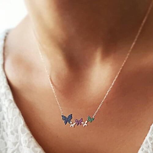 Trendy Charm Rhinestones Butterfly Necklace for Women Jewelry Female Collier Cubic Zirconia Chain Choker Necklaces for Girl