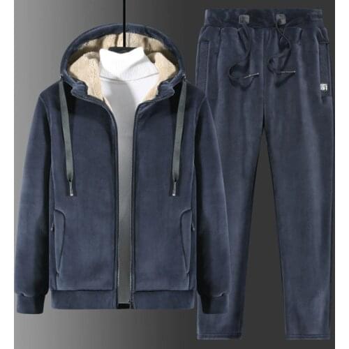 Plus size 8XL Lamb wool men 2 pieces set warm for winter tracksuit hoodies+ pants outdoor warm clothes