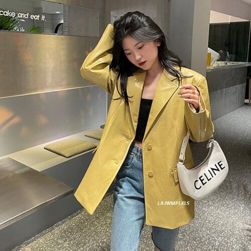 2021 New Fashion glossy Bright Yellow Pu Leather Blazer Jackets Female Retro Loose leather Single-breasted Coat