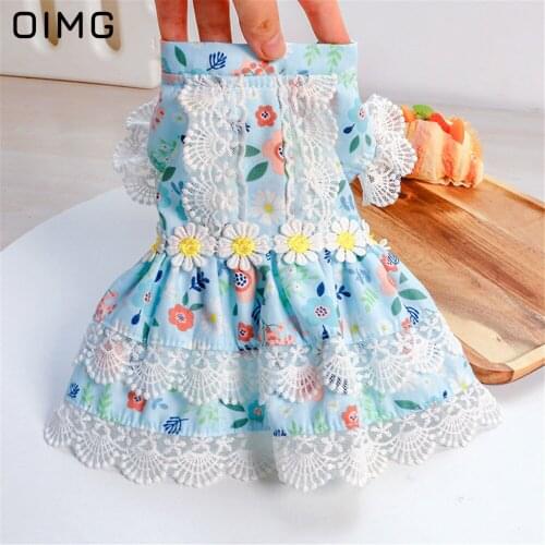 OIMG Small Floral Printed Dog Dress Summer Lace Hollow Breathable Princess Pet Dress Cat Puppy Skirts Small Dog Clothes