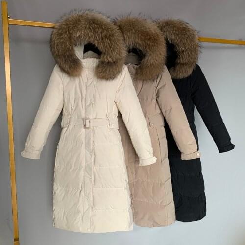 Women 90% White Duck Down Coat Large Natural Raccoon Fur Long Down Jacket Loose Hooded Thick Parkas Female Overcoat With Belt
