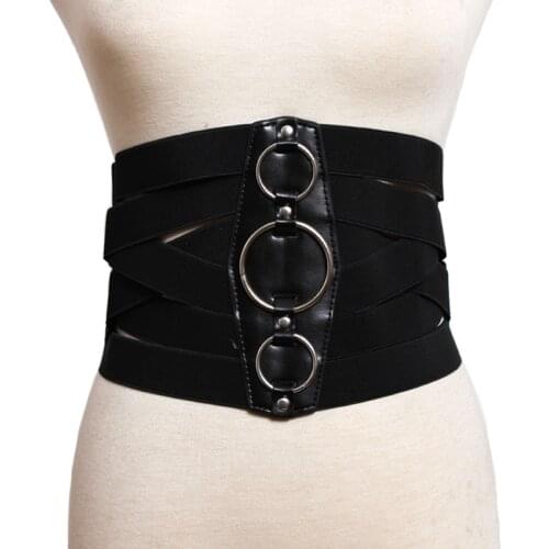 Newest silver Round buckle belts female hot leisure elastic wide belt without pin metal buckle black leather strap pu belt women