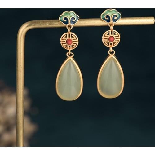 Retro Cloud Green Stone Drop Earrings for Women Vintage Palace Ethnic Dating Jewelry 2021 Trend Fashion Earring Friends Gift M4