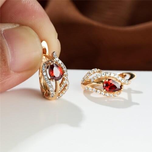Water Drop Multicolor Zircon Earrings Vintage Gold Color Hollow Hoop Earrings Dainty Red Crystal Leaf Earrings For Women Jewelry