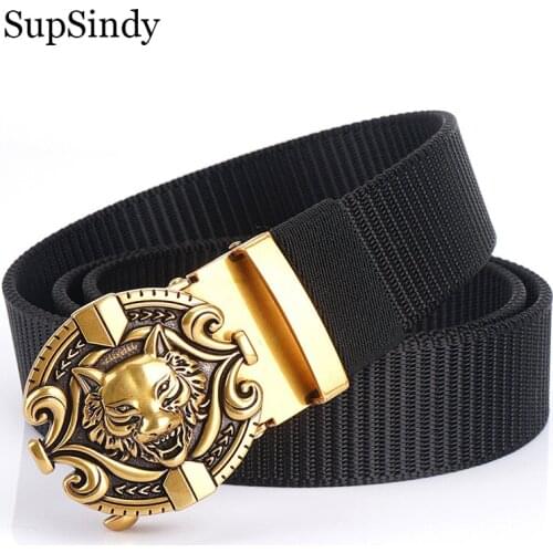 SupSindy Mans nylon belt luxury gold Wolfs metal automatic buckle Canvas Belts for men fashion jeans Waistband black male strap