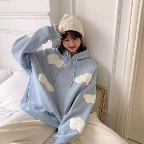 Long Sleeve Tops Casual Hoodies Kawaii Female Korean Sweatshirt Women Winter 2020 Fashion Clouds Pullover Women Plus Velvet Warm