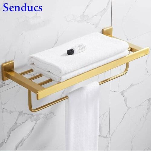Senducs Bathroom Towel Rack Single Layer Bath Towel Racks Space Aluminum Bathroom Tower Shelf Holder Bathroom Hardware Set