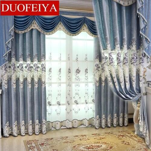 Curtain for Living Room Water-soluble Hollow Italian Velvet Embroidered Jacquard Blue Curtain for bedroom Flower Luxury Villa