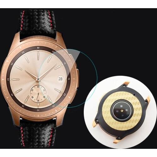 Tempered Glass Screen Protector With Carbon Fiber Back Cover For Samsung Galaxy Watch 42mm Soft Rubber Watchband Strap