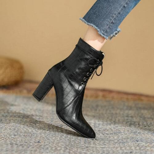 ZawsThia 2021 New Pointed Toe Block High Heels Women Shoes Lace-up Mature Lady Winter Shoes Ankle Martin Boots Plus Size 33-46