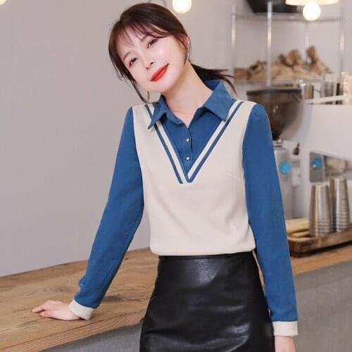 #1921 Blue Red False Two Piece Blouse Women Korean Style Lapel Collar Casual Office Blouse Polo-Collar Elegant Blouse Femme Tide