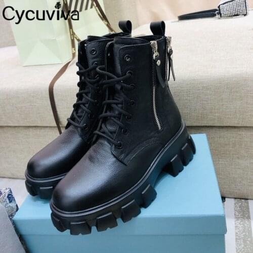 Thick Sole Platform Ankle Boots For Women Black Leather Chelsea Boots Brand Lace Up Casual Shoes Woman Winter Flat Knight Boots