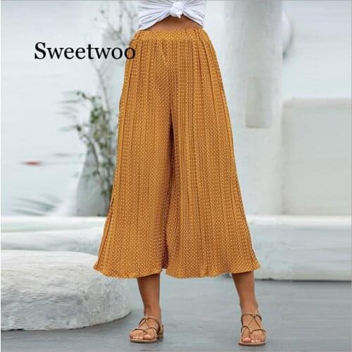 Women Autumn Casual Pants High Waist Wide Leg Pants Beach Pleated Sexy Winter Trousers Female Dot Printed Capris Pants