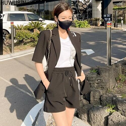 2021 Summer Korean Womens Suit Collar High End Temperament Short Sleeve Suit Jacket Lace Up + Waist Fashion Casual Shorts Suit