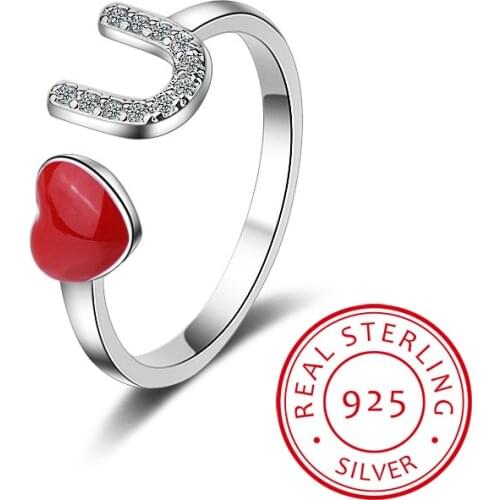 New Fashion 925 Sterling Red Heart Dazzling Micro CZ U Letter Ring For Women Engagement Adjustable Ring anillos S-R250