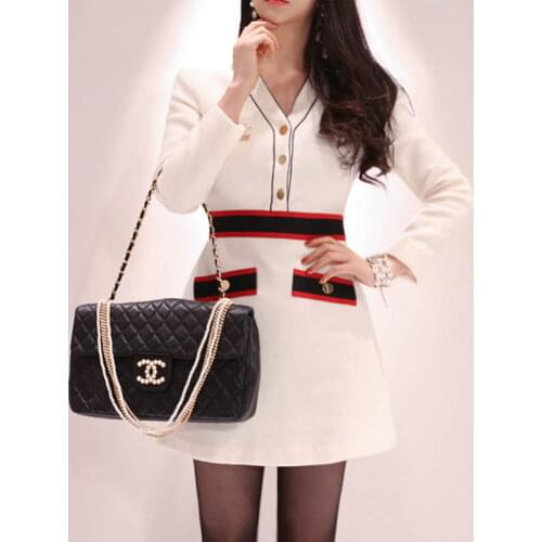 Fashion Contrast Colour Striped Knitted Women Mini Dress 2020 Autumn Runway Sexy V-neck Short Sleeve Vintage Knitting Dress