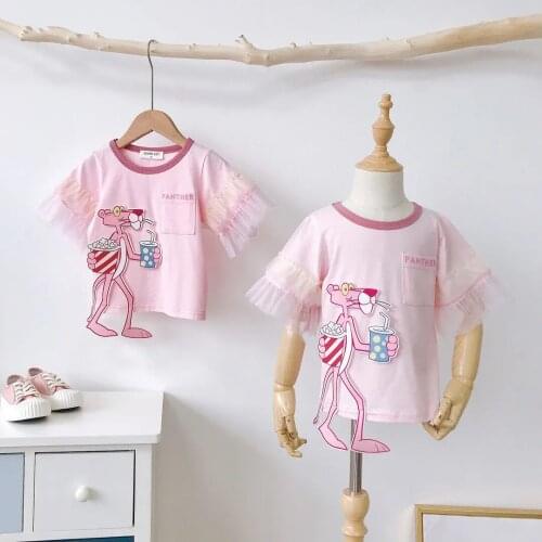 2021 New Summer Girls T-shirt Short-Sleeved Cotton Lace Top Childrens Baby Pink Tees Kids T-shirt for Girls