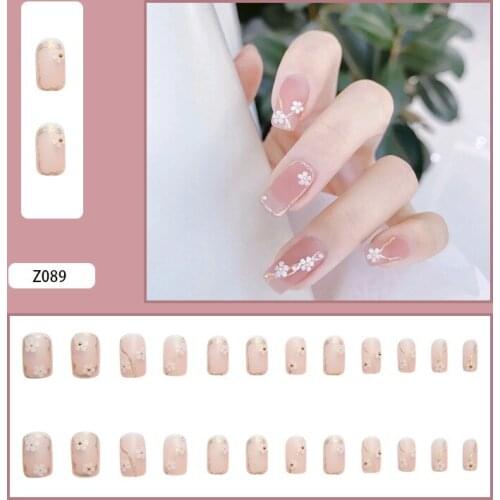 24Pcs/Set Floral Print False Nails Glue Type Removable Mid Length Paragraph Fashion Manicure Fully Covered Nail Decoration