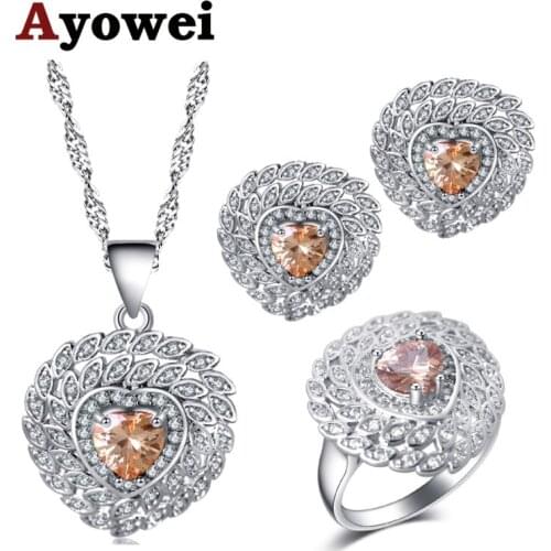 Ayowei Unique Heart-shaped champagne zircon silver Earrings Necklace pendant Rings jewelry Sets USA size #6#7#8#9#10 JS728A
